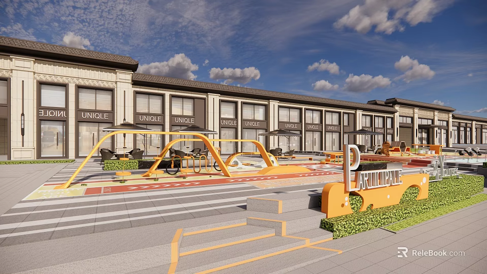 Recreational Park Landscape With Yellow Playground Equipment Steps Lush Greenery And Adjacent Buildings 3d model 