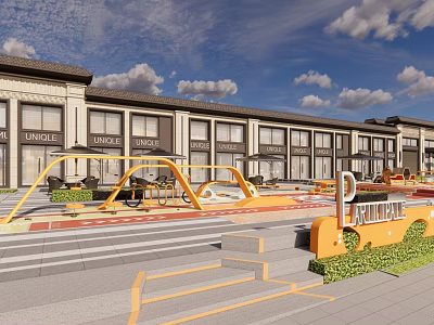Recreational Park Landscape With Yellow Playground Equipment Steps Lush Greenery And Adjacent Buildings 3d model