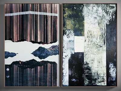 Modern Abstract Wall Art With Vertical Stripes Mountain Reflections And Geometric Patterns 3d model