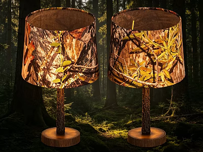 Camouflage Table Lamps with Leaf Pattern Shades and Wooden Bases for Forest Themed Decor 3d model