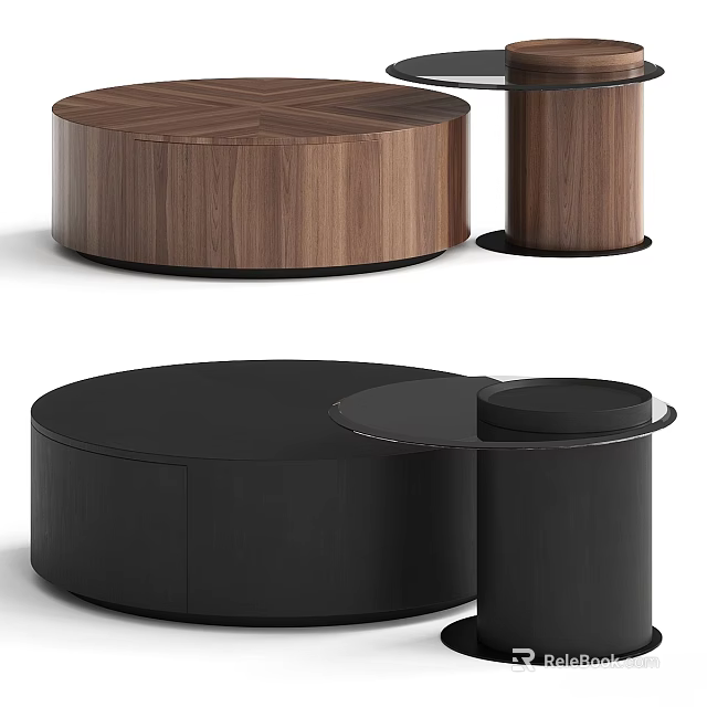 Functional Round Wooden and Black Table Set with Nested Small Tables Modern Design 3d model