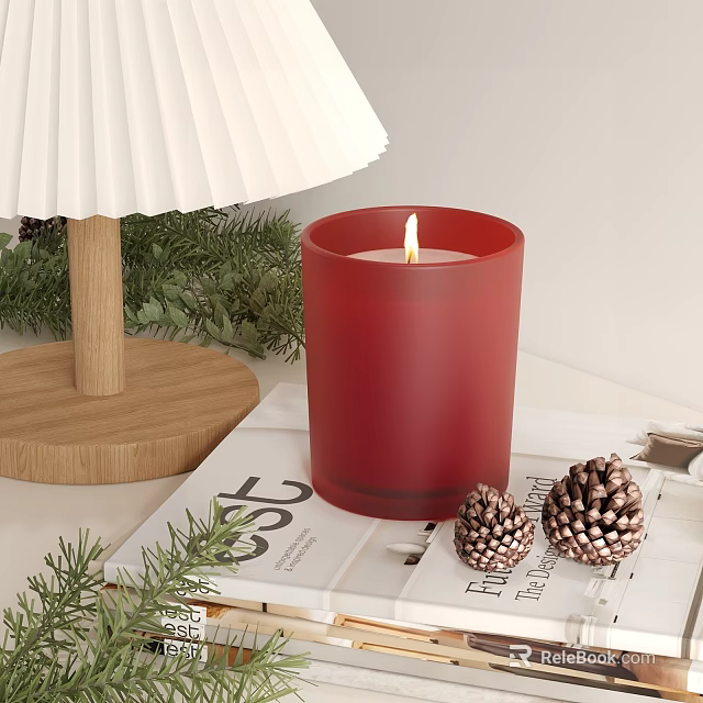 Decorative Ornaments Set With Red Candle Pine Cones Green Foliage And Magazine 3d model 