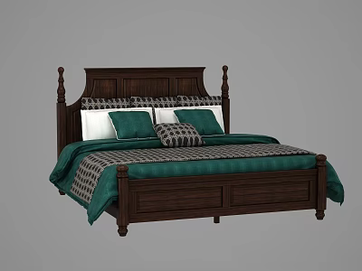 Dark Wood Double Bed with Classic Carved Headboard Green Quilt White Pillows Plaid Accent Cushion 3d model