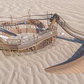Modern Wooden Playground Equipment with Slide Walkway and Elevated Platforms on Sand Surface