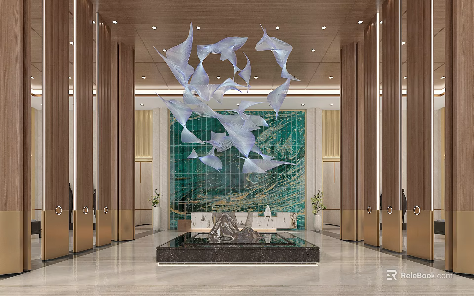 Modern Hotel Lobby With Artistic Chandelier Green Marble Wall And Decorative Sculpture 3d model 