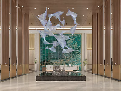 Modern Hotel Lobby With Artistic Chandelier Green Marble Wall And Decorative Sculpture 3d model