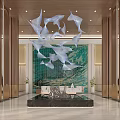Modern Hotel Lobby With Artistic Chandelier Green Marble Wall And Decorative Sculpture