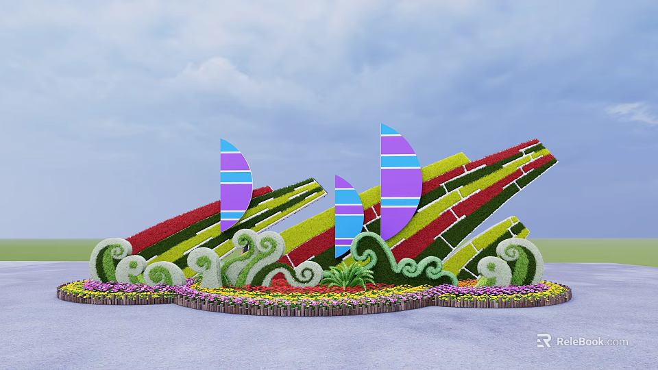 Flower Bed and Flower Pots with Colorful Sail Shaped Structures Wavy Decorations and Flowers 3d model 