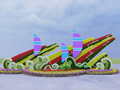 Flower Bed and Flower Pots with Colorful Sail Shaped Structures Wavy Decorations and Flowers 3d model