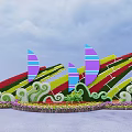 Flower Bed and Flower Pots with Colorful Sail Shaped Structures Wavy Decorations and Flowers