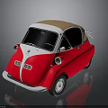Classic Retro Compact Car Red White Body With Brown Soft Top Round Headlights