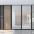 Modern Office Interior Featuring Glass And Wooden Partition Sliding Door With Blinds