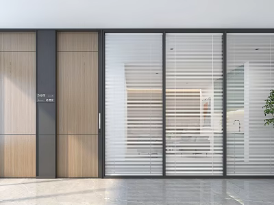 Modern Office Interior Featuring Glass And Wooden Partition Sliding Door With Blinds 3d model