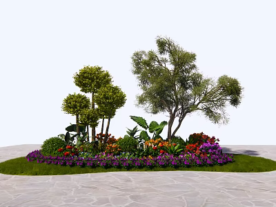 Colorful Garden Landscape With Various Flowers Trees Green Grass And Stone Path 3d model
