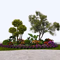 Colorful Garden Landscape With Various Flowers Trees Green Grass And Stone Path