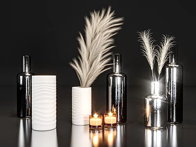Modern Minimalist Decorative Ornament Set With White Vases Silver Black Bottles Pampas Grass And Candles 3d model