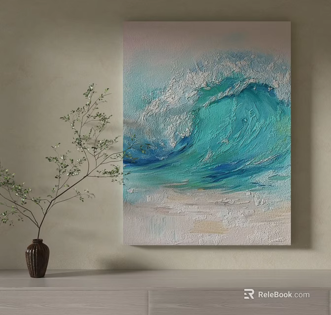 Ocean Wave Oil Painting With Decorative Vase And Twig Branch On Wall 3d model 