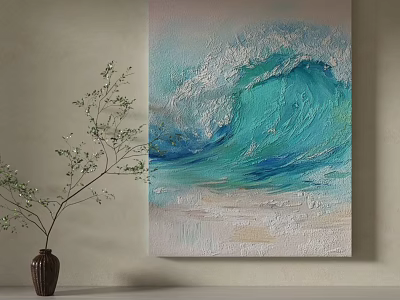 Ocean Wave Oil Painting With Decorative Vase And Twig Branch On Wall 3d model