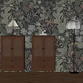 Vintage Interior Space With Floral Wallpaper Two Wooden Cabinets Floor Lamp And Wooden Floor