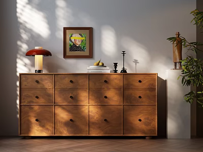 Wooden Dresser with Multiple Drawers Table Lamp Framed Artwork and Potted Plant in Sunlit Room 3d model