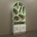 Green And White Arched Decorative Cabinet With Hollow Out Design And Drawers