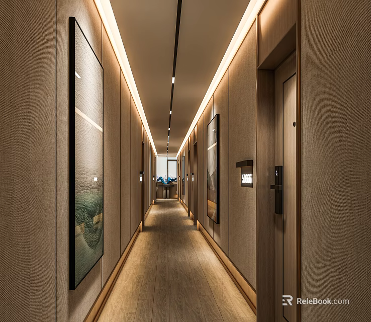 Spacious Modern Hotel Corridor With Recessed Lighting Decorative Artworks And Beige Walls 3d model 