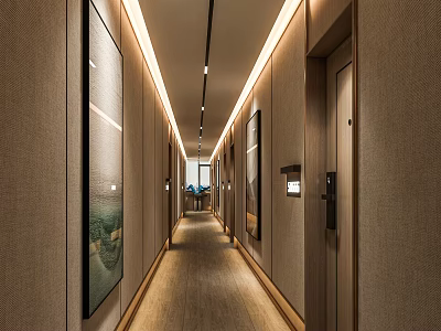 Spacious Modern Hotel Corridor With Recessed Lighting Decorative Artworks And Beige Walls 3d model