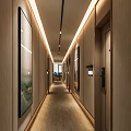 Spacious Modern Hotel Corridor With Recessed Lighting Decorative Artworks And Beige Walls
