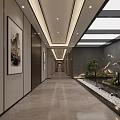 Hotel Corridor With Gray Wall Wavy Line Decorations Soft Lighting Green Plants Water Feature And Skylights