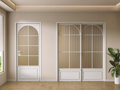 White Arched Glass Doors Interior With Wooden Flooring And Green Plant 3d model