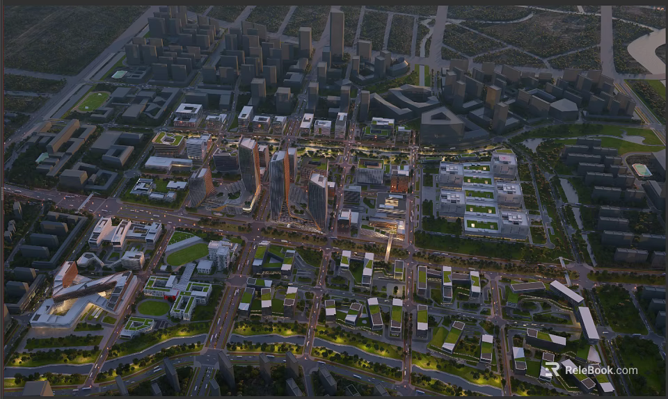 Aerial View Urban Planning Featuring Modern City High Rise Buildings Road Networks and Green Spaces 3d model 
