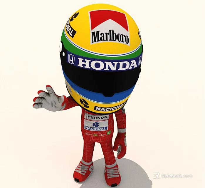 Cartoon Racing Driver Character With Marlboro Honda Logo Helmet And Red Racing Suit 3d model 