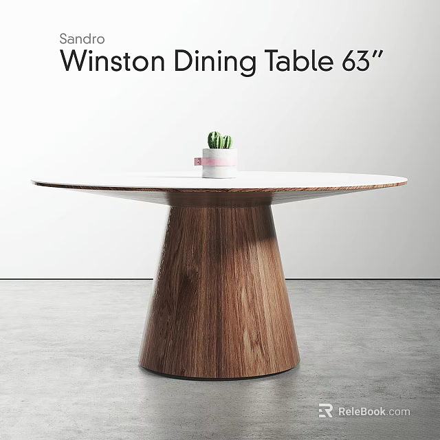 Winston 63 Inch Round Dining Table With Wooden Tapered Base And Small Potted Plant 3d model 