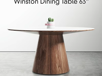 Winston 63 Inch Round Dining Table With Wooden Tapered Base And Small Potted Plant 3d model