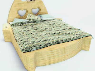 Cozy Wooden Kids Bed With Heart Shaped Headboard Striped Quilt And Pillows 3d model