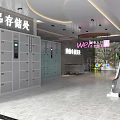 Supermarket Department Store Entrance With Storage Lockers Shopping Carts And Escalator