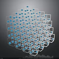 Intricate 3D Abstract Geometric Structure with White Frames and Blue Squares