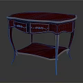 Ornate Red Table With Striped Top Gold Accents Drawers Lower Shelf And Curved Legs