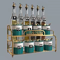 Stylish Blue And White Spice Bottles On Gold Metal Storage Rack