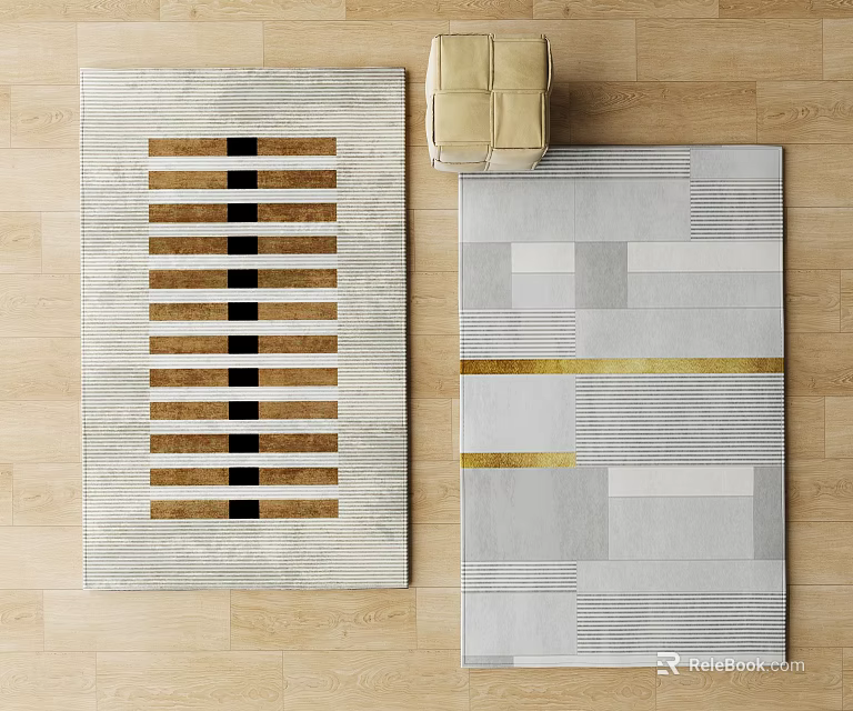 Two Square Rugs With Geometric Patterns On Wooden Floor 3d model