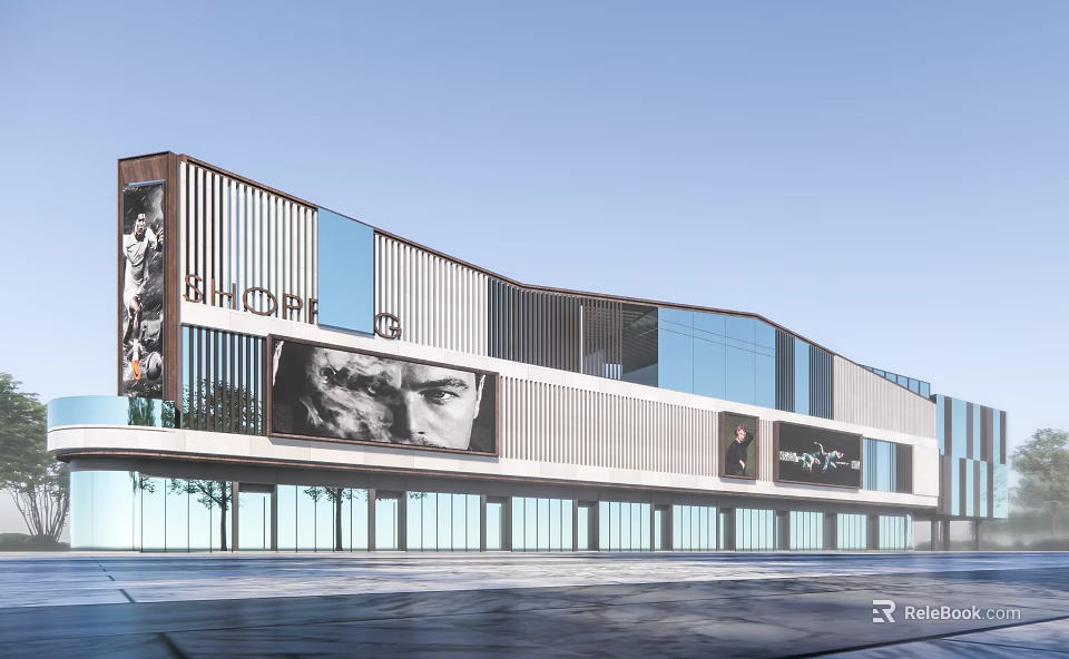 Modern Commercial Street With Glass Curtain Walls And Large Digital Billboards 3d model 