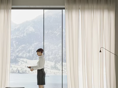 Cream Colored Floor Length Curtains By Window With Mountain Lake View And Floor Lamp 3d model