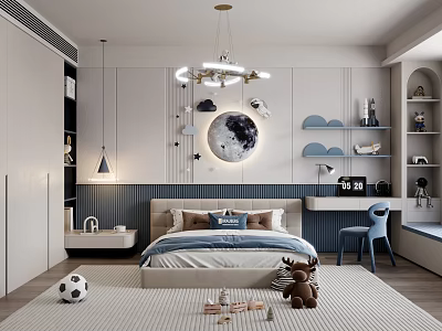 Kids Room Interior Design With Bed Blue Pillows Moon Decor Soccer Ball And Toys 3d model