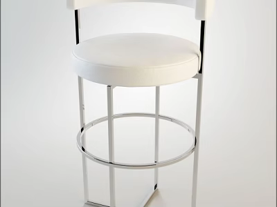 Modern White Bar Stool With Round Leather Seat Curved Backrest And Silver Metal Frame 3d model
