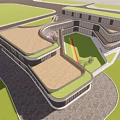 Modern School Building With Green Roof Central Courtyard Playground And Trees Surrounding
