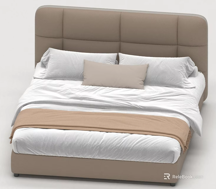 Modern Double Bed With Beige Padded Headboard White Sheets And Cushion 3d model