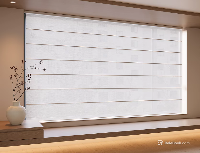 Light Filtering White Roller Curtain In Modern Interior With Wooden Windowsill And Vase 3d model 
