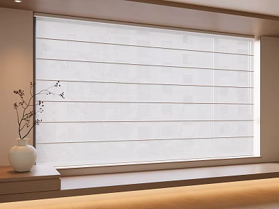 Light Filtering White Roller Curtain In Modern Interior With Wooden Windowsill And Vase 3d model