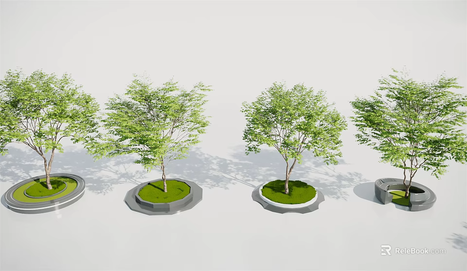 Modern Circular Tree Pit Design With Green Grass And Leafy Trees 3d model 