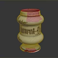 Floral Sculpture Carving on White Vase with Blue and Yellow Edges and Black Lettering Himput-F